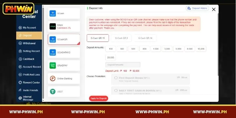 A step-by-step guide to depositing funds on PHWIN