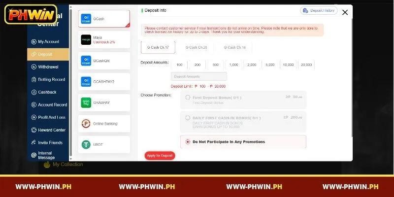 PHWIN deposit methods and limits